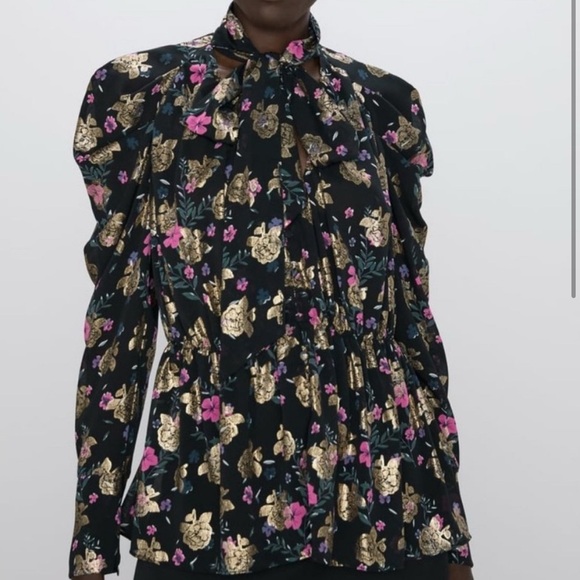 Zara Floral Black and Gold button down top - Picture 1 of 6